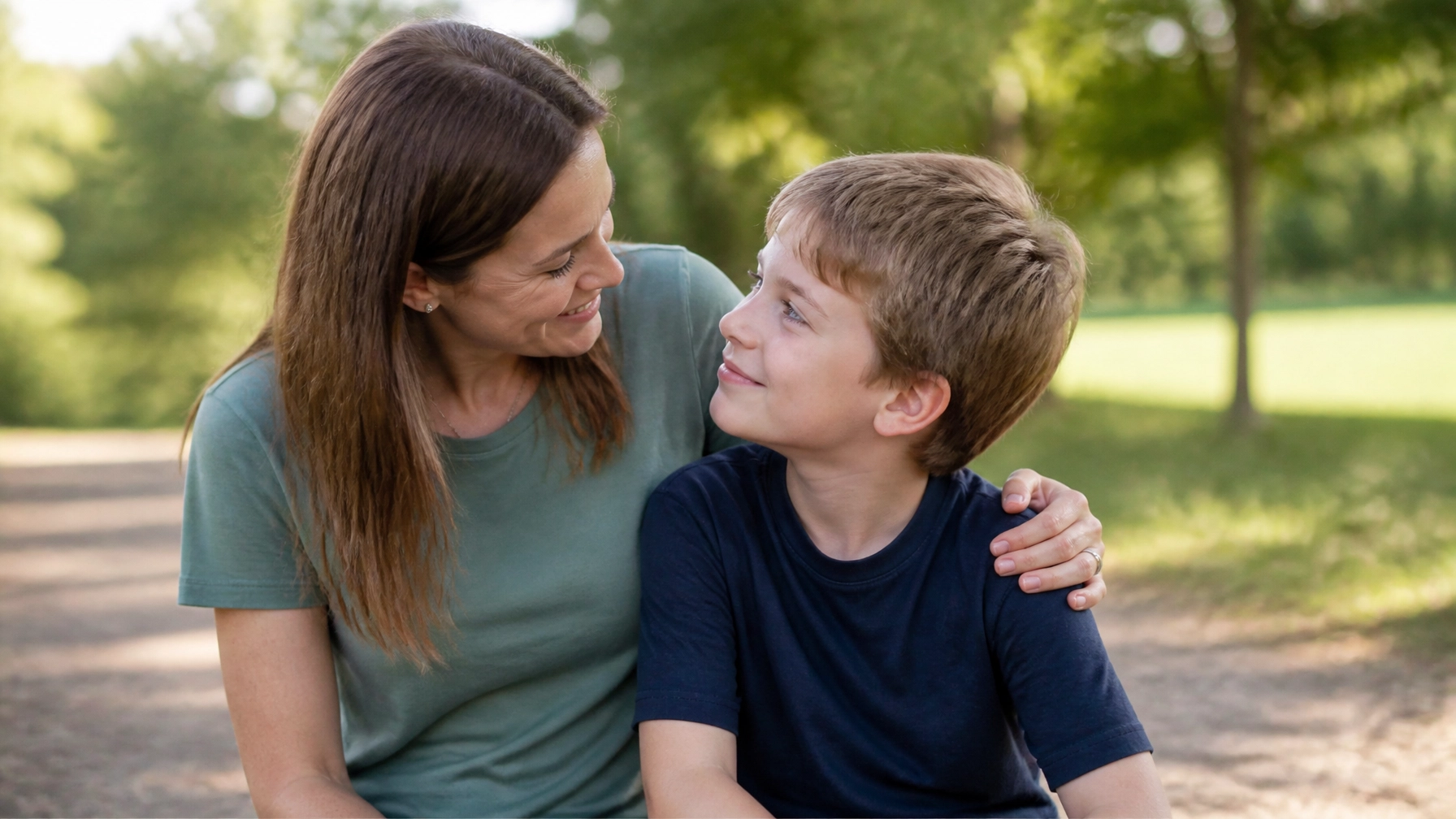 A hopeful parent and school-aged child sharing a warm, reassuring moment together in a positive setting