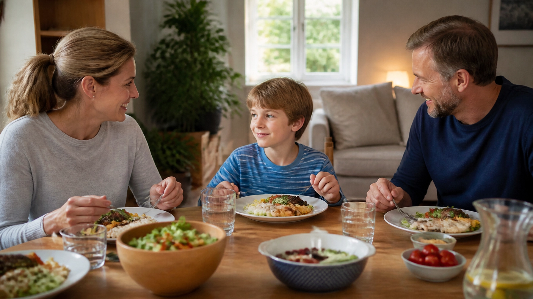 A family sharing a calm, positive meal together at the table in a warm home setting