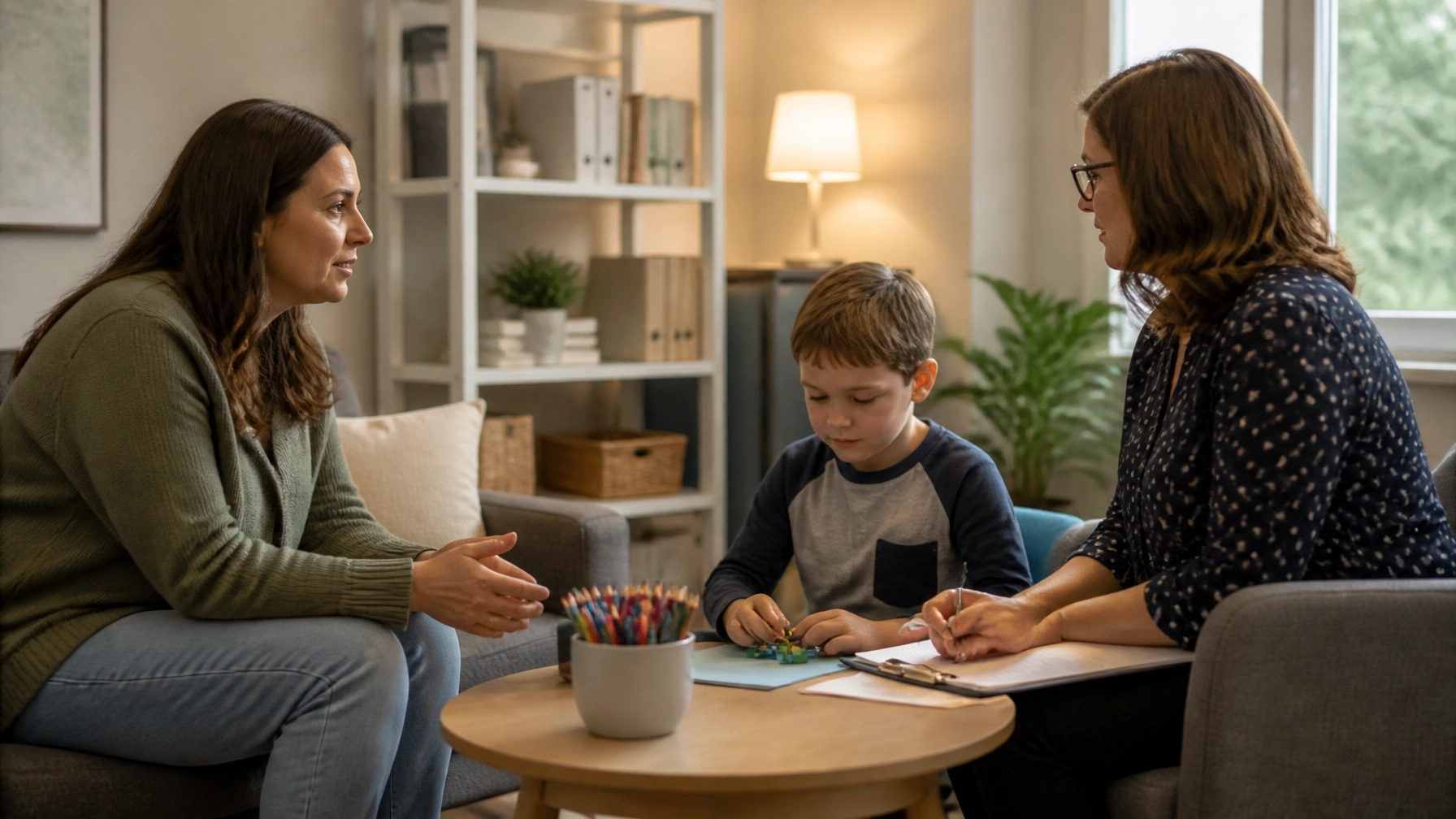 A parent meeting with a provider in a warm office setting while discussing support options for a school-aged autistic child