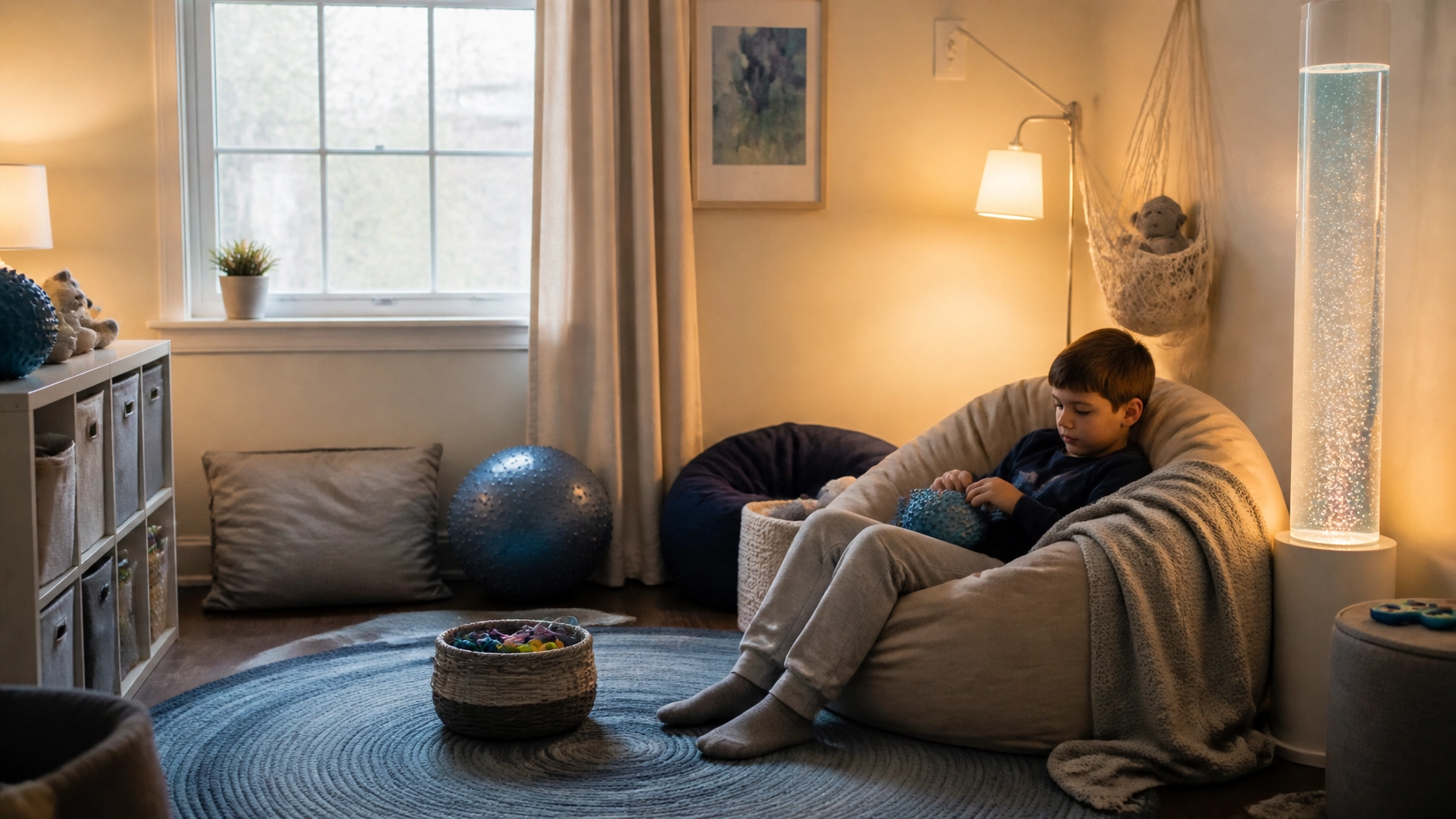 A calm sensory-friendly corner with cozy seating, soft lighting, books, and sensory tools in a welcoming home environment