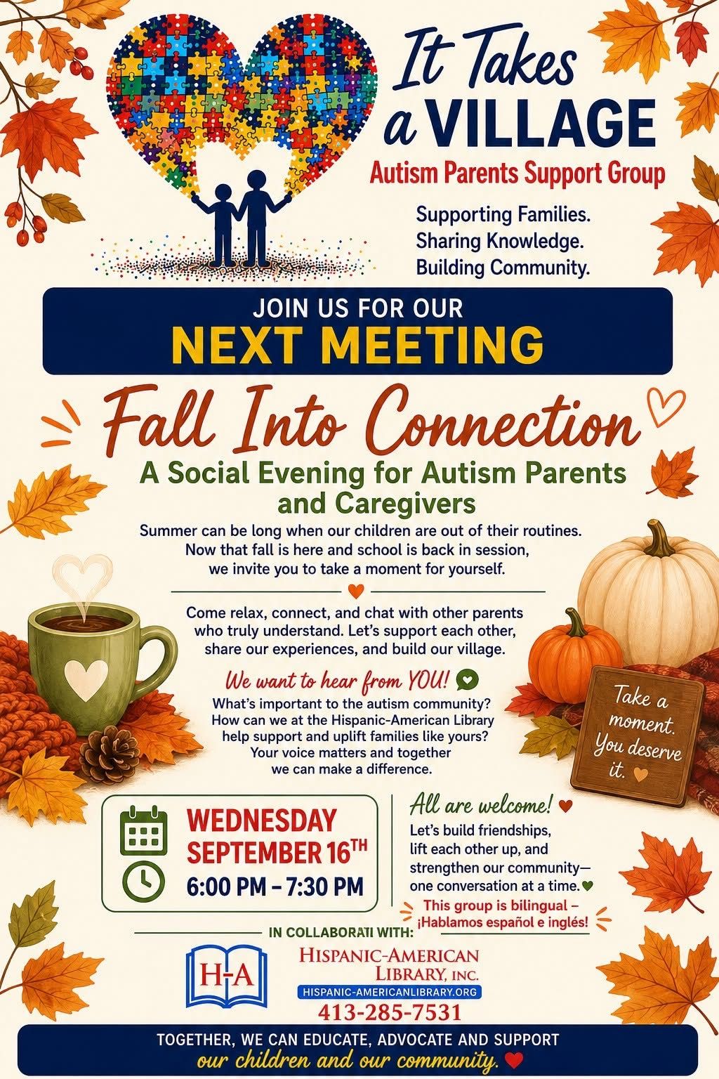 Flyer for Fall Into Connection bilingual Autism Parents Support Group meeting at the Hispanic-American Library