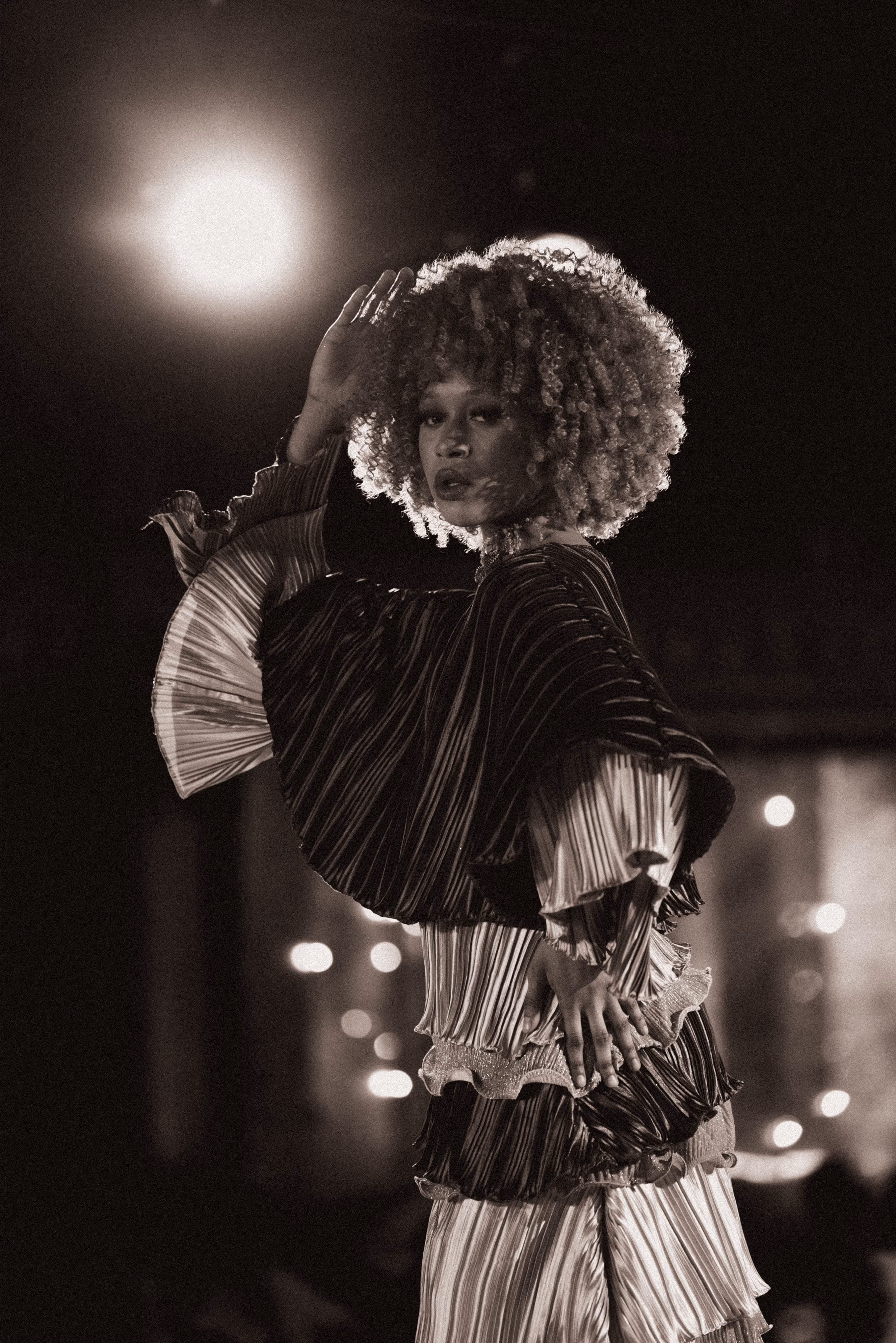 Model walking in podium with beautiful dress New York 2023