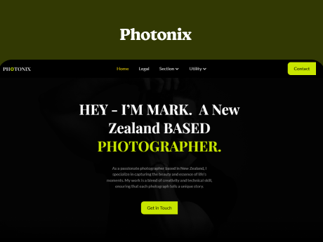 Photonix: A one-page dark themed Webflow landing page for photographers.