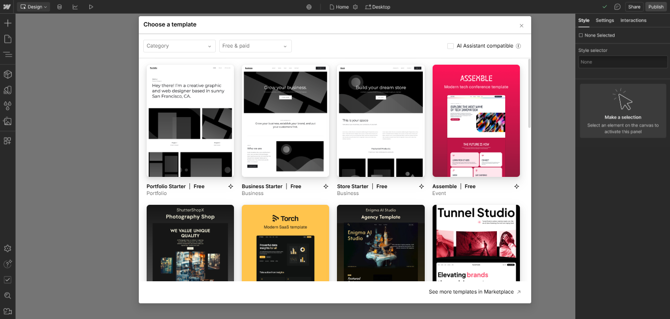 Webflow template marketplace