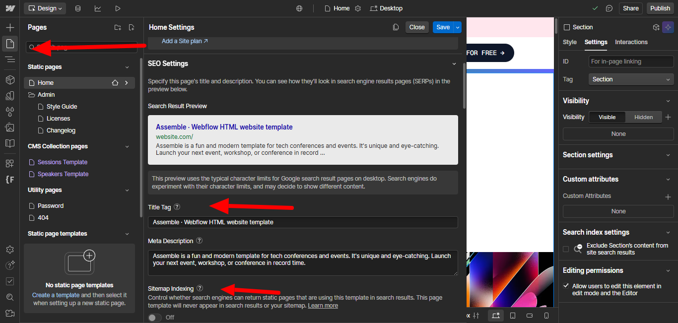 Webflow website seo meta title and description chnage