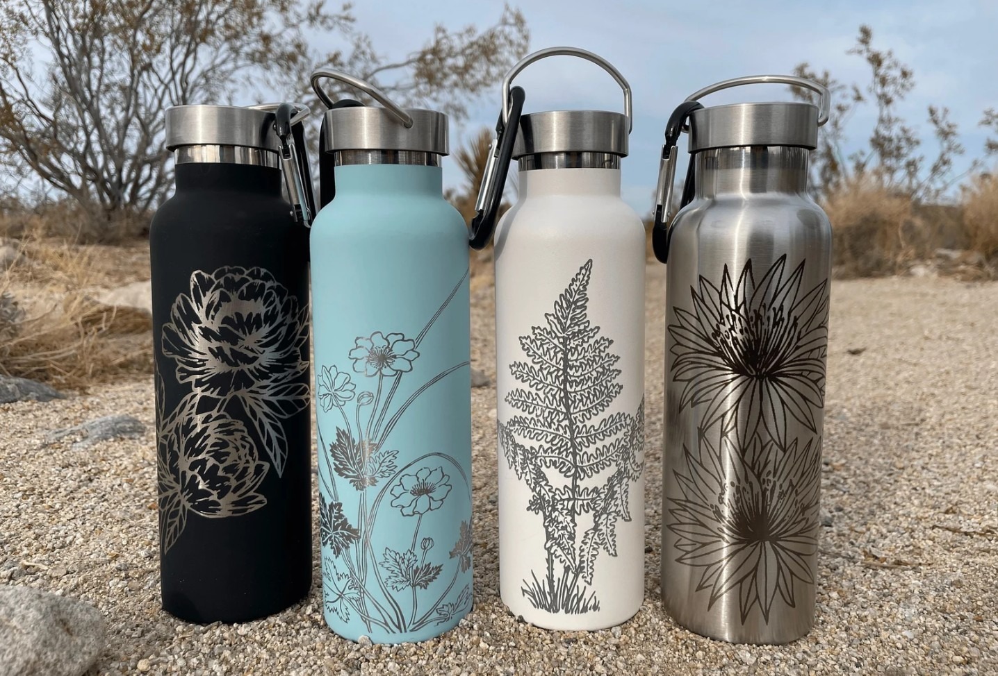 Stainless steel water bottle with floral design