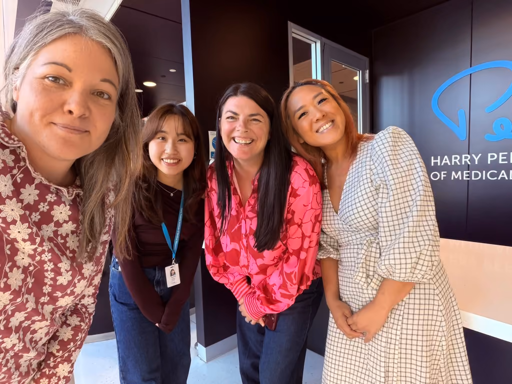 Pictured left to right: Professor Gina Ravenscroft (Perkins), Jasmine Chew, Sam Payne (CEO and Founder, Pink Elephants Support Network), and Shelby Mullin (Perkins).