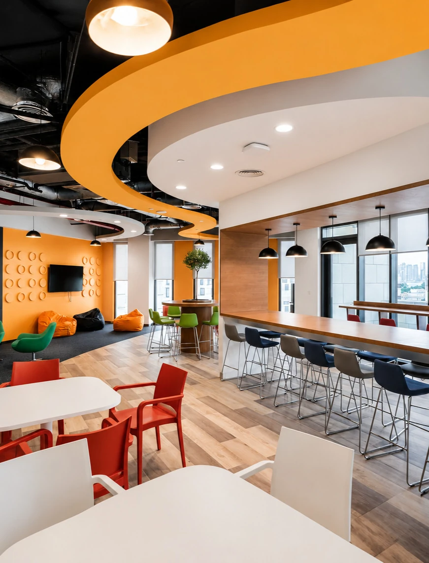 Schneider Electric breakout area with bean bags and orange accent wall, Msheireb, Doha, by Daya