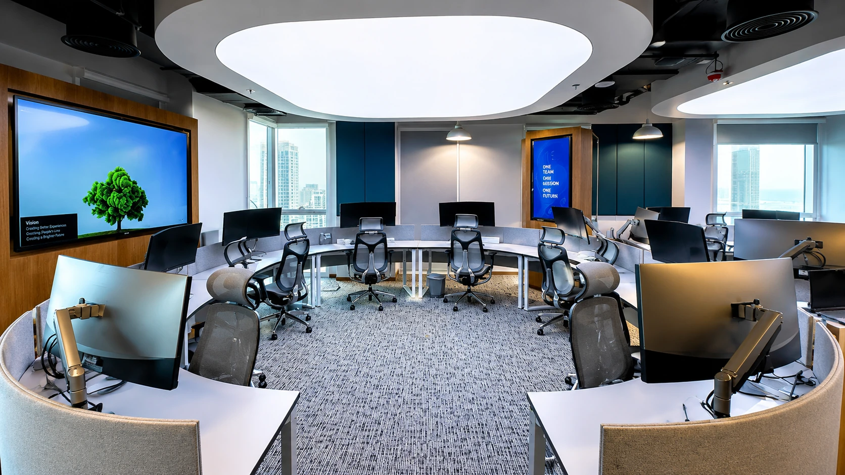 Cyber Security Office workspace with curved desks and rounded ceiling panel, Lusail Manarat, by Daya