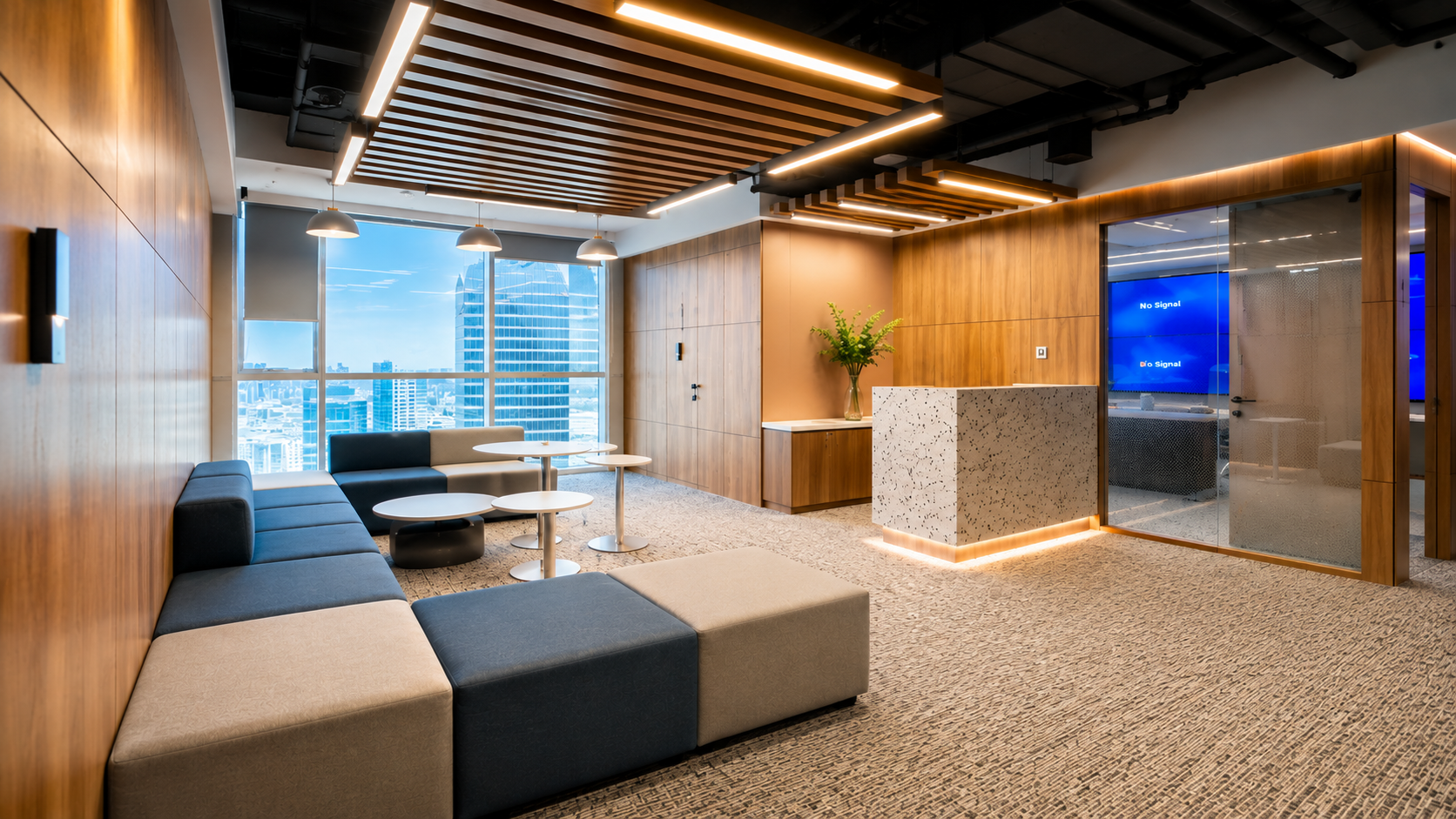Cyber Security Office lounge with modular seating and glass-walled rooms, Lusail Manarat, by Daya