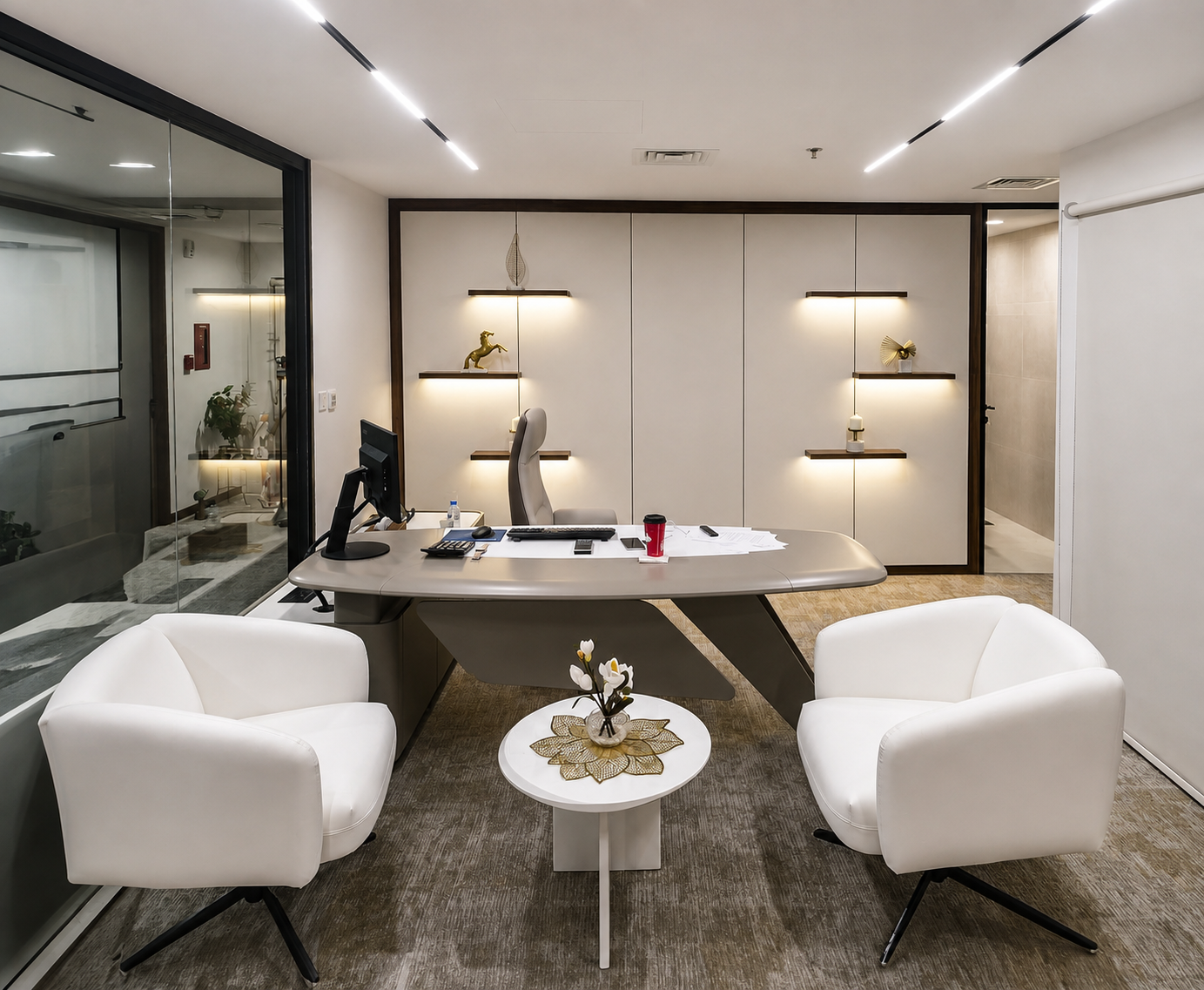 Massoun Insurance office with curved desk and white lounge chairs, West Bay, Doha, by Daya