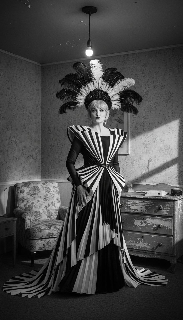 Full length shot of Catherine O'Hara as Moira Rose in an avant-garde black and white outfit with a feathered headpiece, standing in a rustic motel room, dramatic lighting