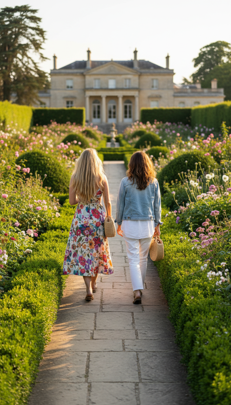 Two women seen from behind, walking through a lush green garden with manicured hedges. One has long blonde hair and is wearing a floral sundress. The other has wavy hair and is in a light denim jacket. They are walking away from the camera toward a sun-drenched estate. 9:16 aspect ratio.