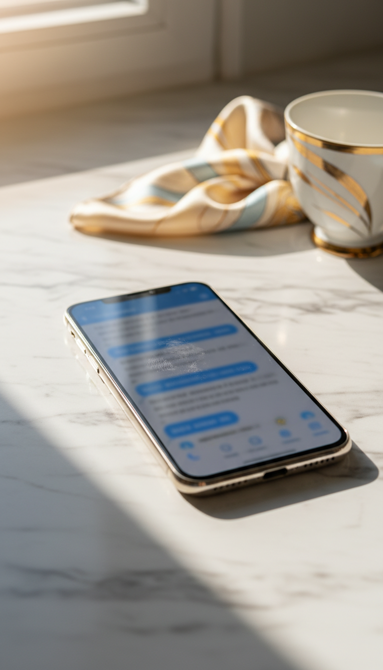 A close-up shot of a high-end smartphone resting on a white marble kitchen counter. The screen is illuminated, showing a messaging app with blurred text bubbles in soft blue and grey. In the background, a gold-rimmed coffee cup and a silk scarf are visible. Morning sunlight creates soft shadows. 9:16 aspect ratio.