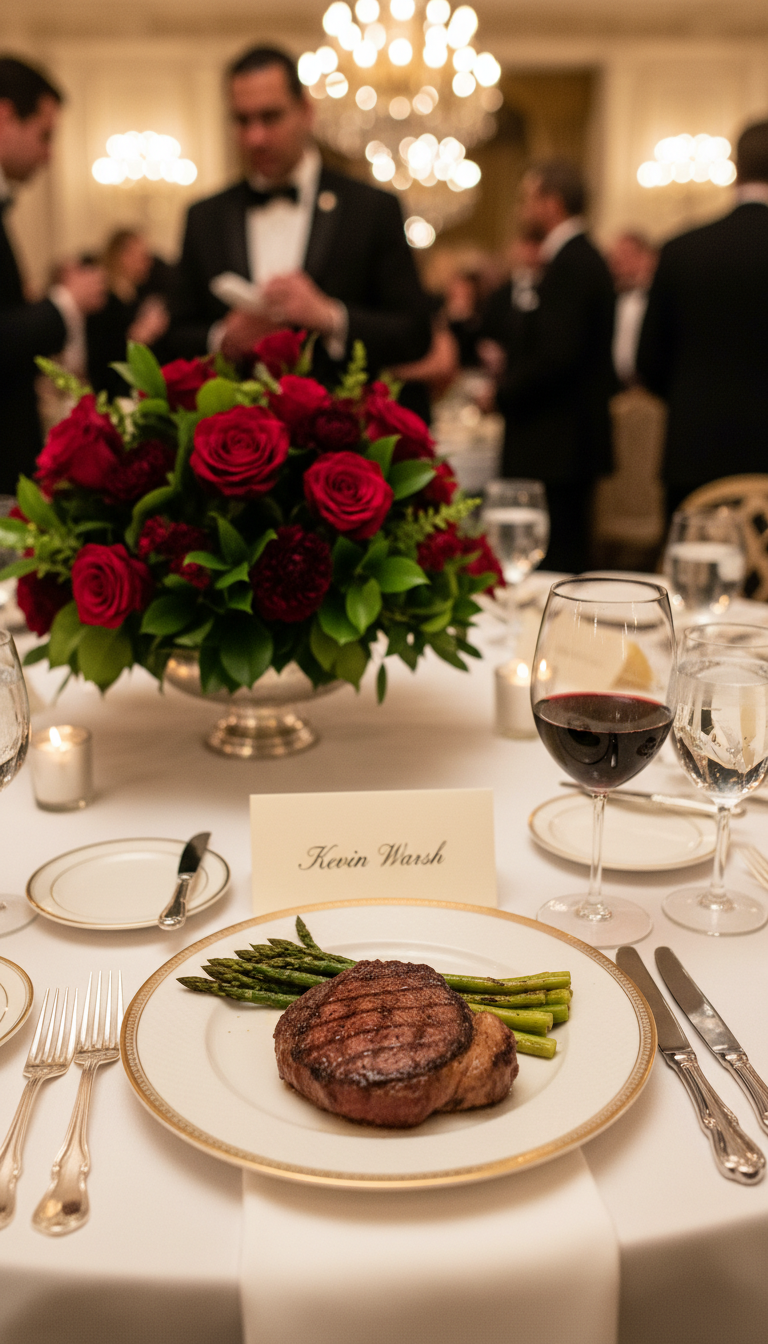 Close up of a formal dinner table at the Alfalfa Club, featuring a gold-rimmed white plate with a steak, a crystal glass of red wine, a name card reading Kevin Warsh, and a floral centerpiece of red roses, soft bokeh background of a crowded gala