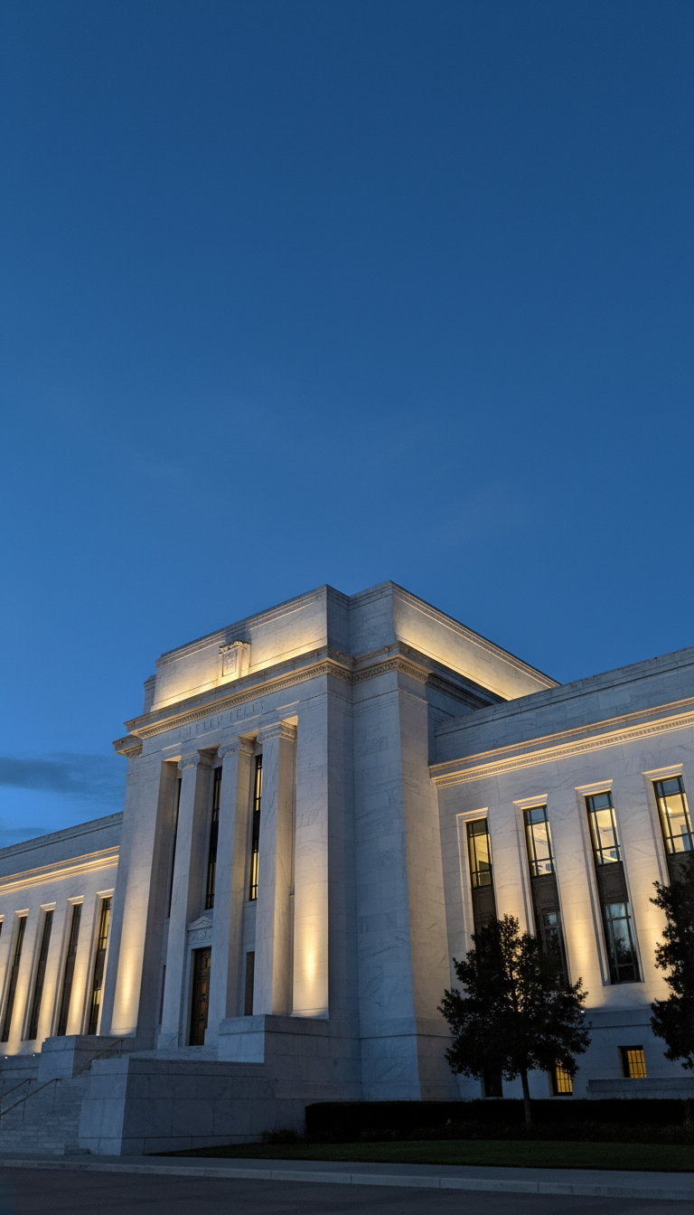 Low angle shot of the Federal Reserve building in Washington D.C. at dusk, the white marble facade illuminated by floodlights, a dark blue sky in the background, symbolizing institutional stability and the weight of economic policy