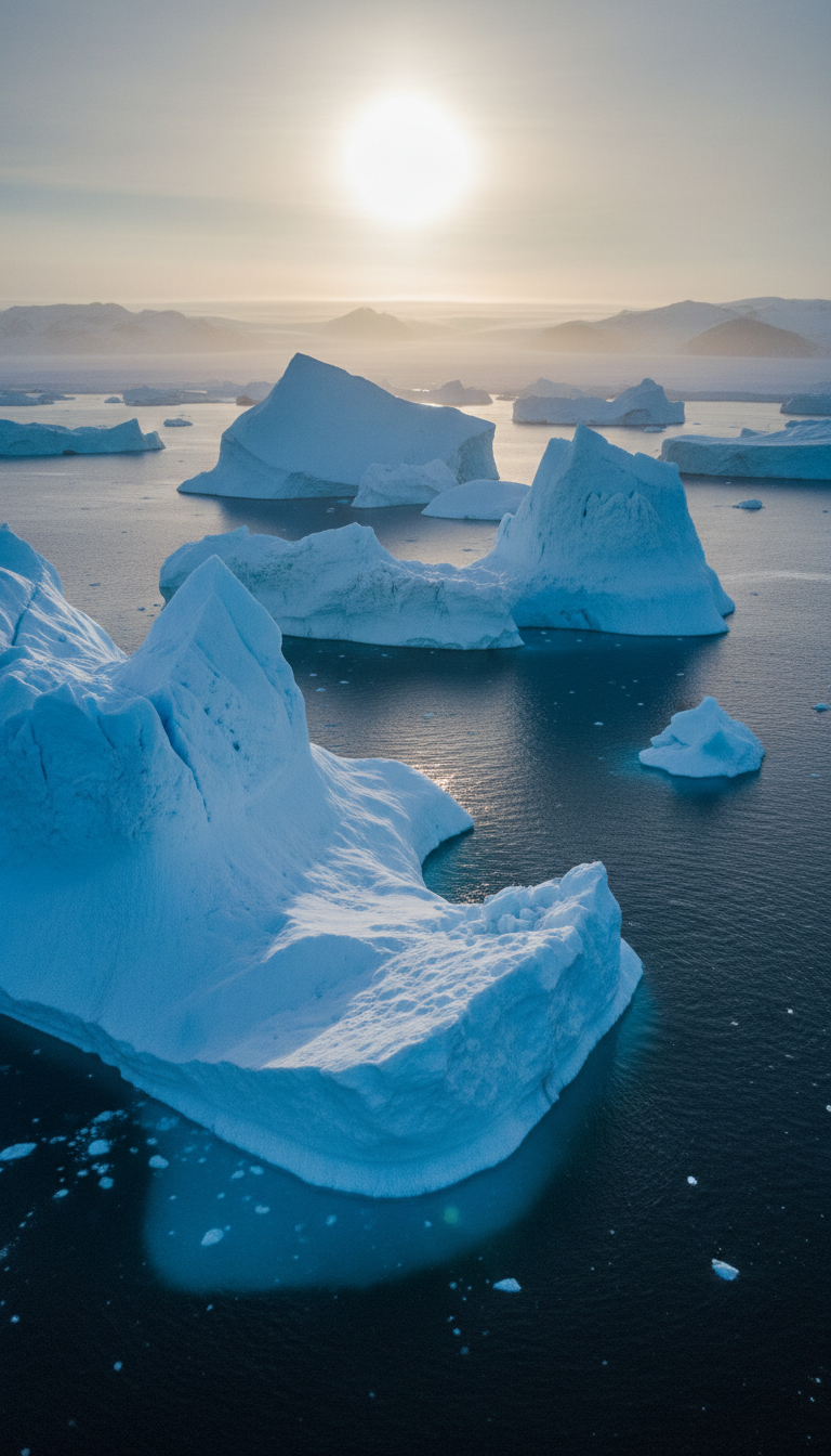 Wide shot of a massive frozen landscape in Greenland, showing turquoise blue icebergs floating in a dark arctic sea under a pale winter sun, the scale of the environment emphasizing the vastness of the territory