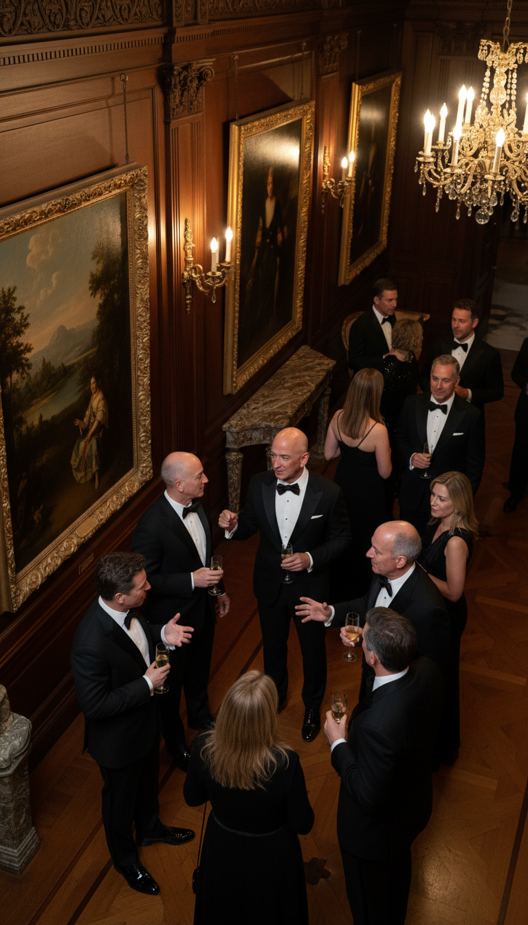 High angle shot of Jeff Bezos and other high profile guests in black tie attire conversing in a luxurious mansion hallway during an after party, warm interior lighting, mahogany walls, and classic artwork in the background