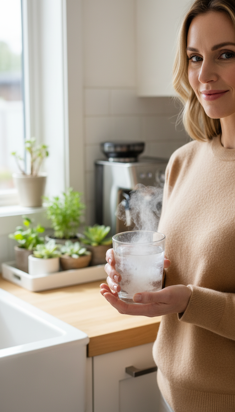 Portrait-style shot of a sophisticated woman in a neutral-toned cashmere sweater, holding a glass of water with a clear prebiotic fiber supplement dissolving inside, standing in a brightly lit, modern kitchen with minimalist decor and fresh greenery in the background.