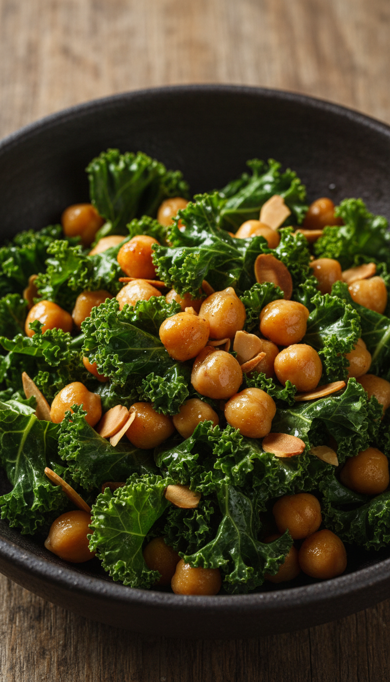 A stylized, vertical shot of a vibrant salad containing chickpeas, kale, and toasted almonds, served in a dark ceramic bowl, captured with high-contrast lighting and a shallow depth of field, highlighting the varied textures of the plant-based ingredients.