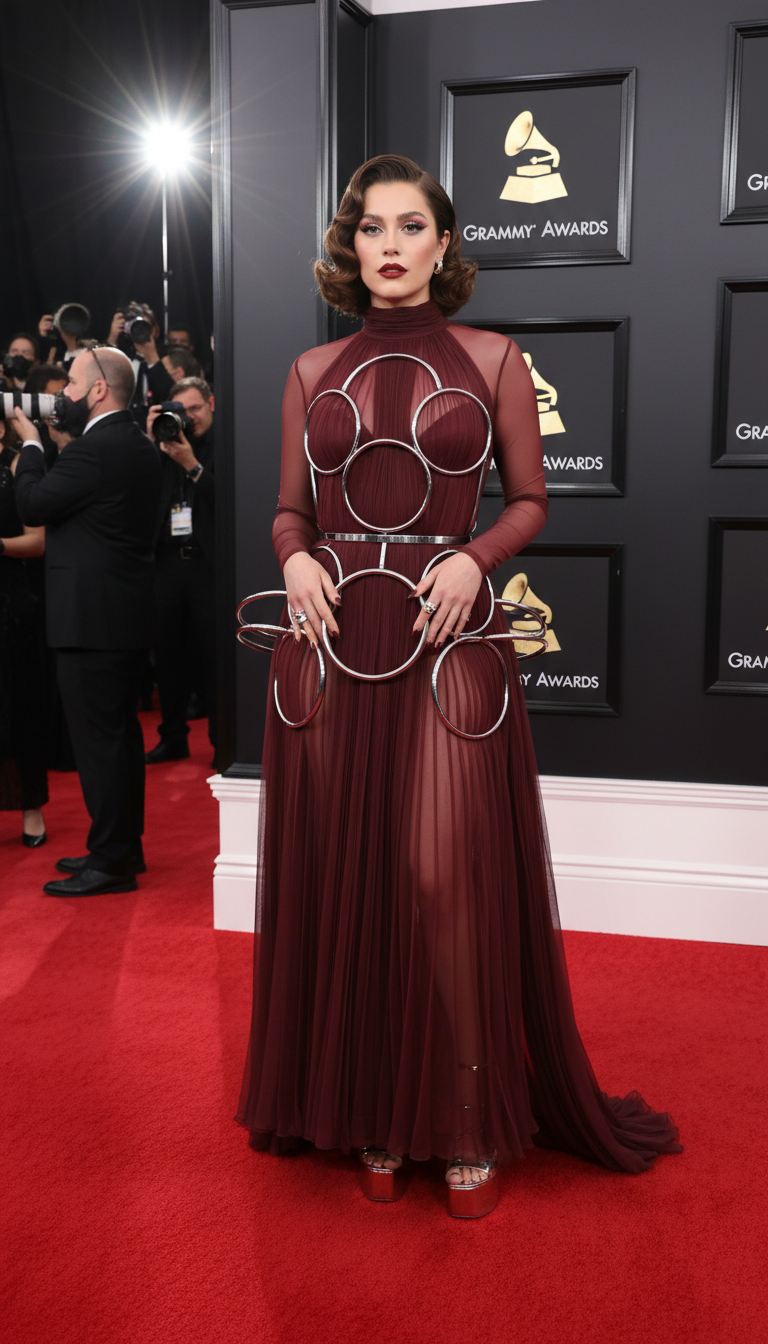 Full body shot of Chappell Roan on the 68th Grammy Awards red carpet, wearing a sheer burgundy frock held up by metal hoops, high fashion photography, vibrant red carpet background