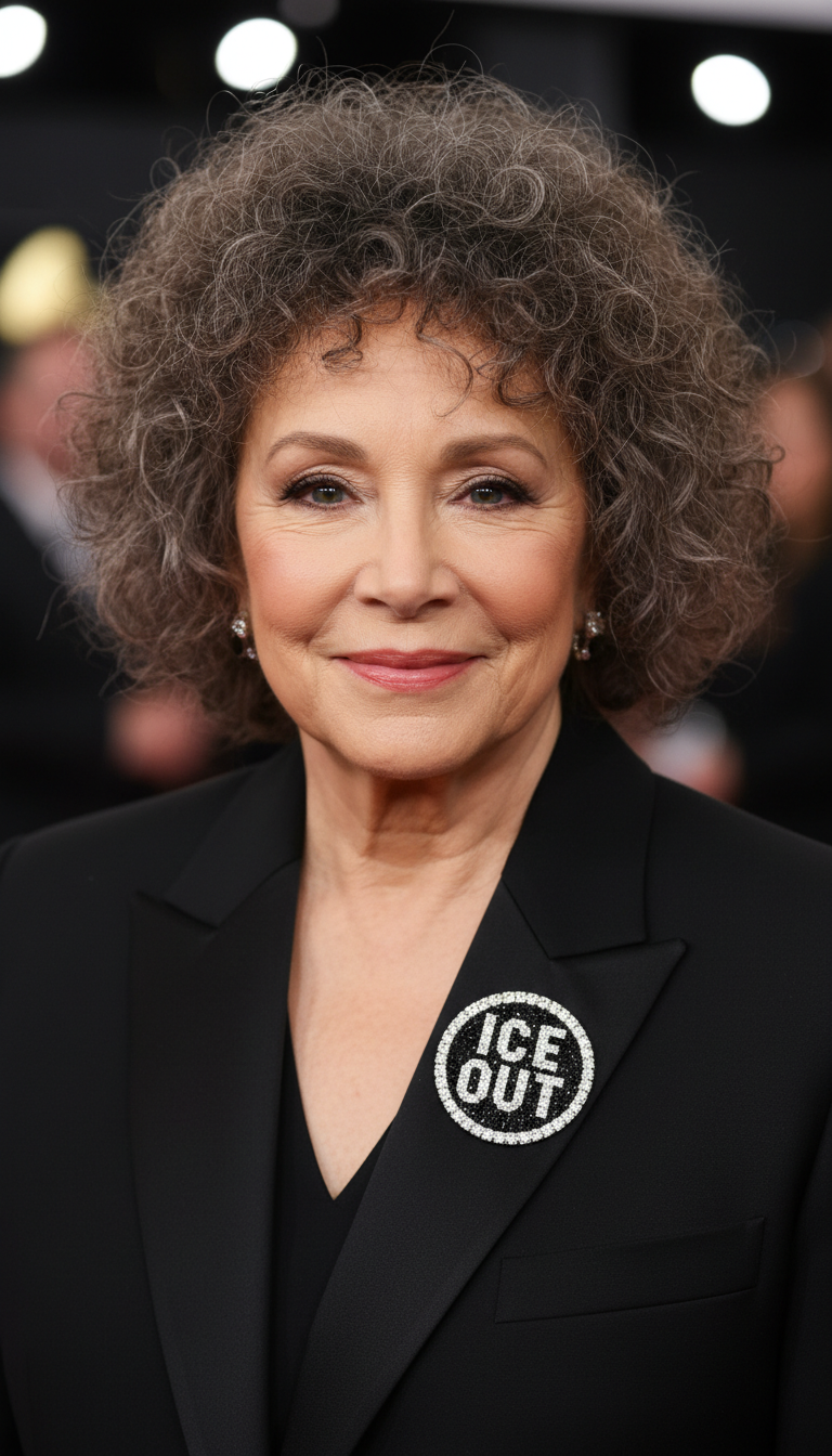 Close up of Carole King at the 68th Grammy Awards, wearing a black tailored blazer, a large circular black and white ICE OUT pin prominently displayed on her lapel, soft studio lighting