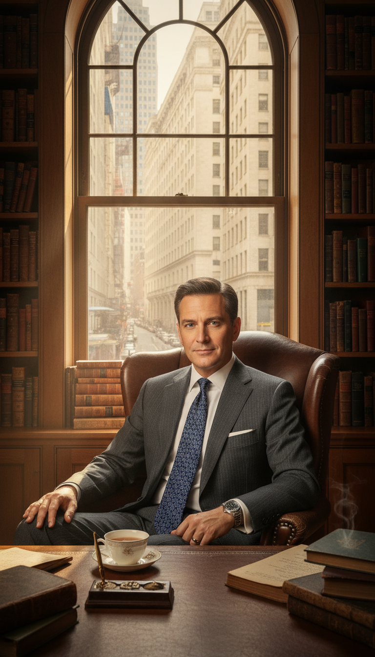 Portrait shot of a sophisticated man in a charcoal wool suit and silk tie, sitting in a leather-bound library with a view of the New York Stock Exchange through a tall window, soft morning sunlight hitting the desk, 9:16 aspect ratio
