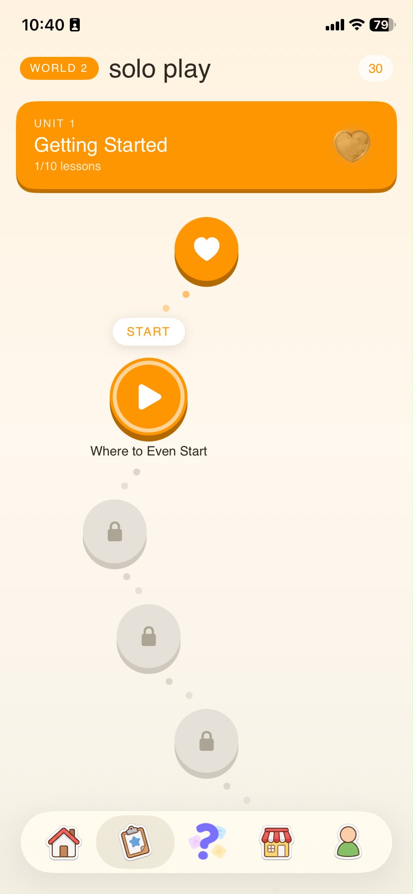 Pilo Talk Solo Play section showing World 2, Unit 1: Getting Started, first lesson titled Where to Even Start