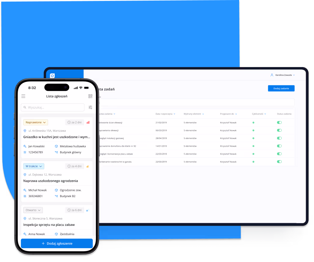 Interfejs aplikacji do zarządzania zadaniami i zgłoszeniami widoczny na ekranie smartfona i tabletu, pokazujący listę zgłoszeń i zadań z nazwiskami i statusami.