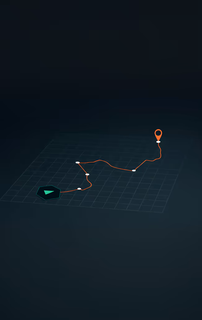 3D digital map with a red route line connecting a green start arrow to an orange location pin.