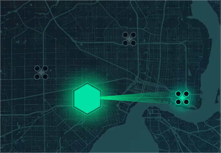 Digital network diagram showing a central glowing hexagon connected to four groups of neurons labeled Neuron 1, Neuron 2, Neuron 3, and Neuron 4 on a dark grid background.