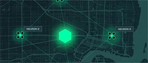 Dark city map with a glowing green hexagon connected by a beam to a cluster of four smaller glowing circles near a river.