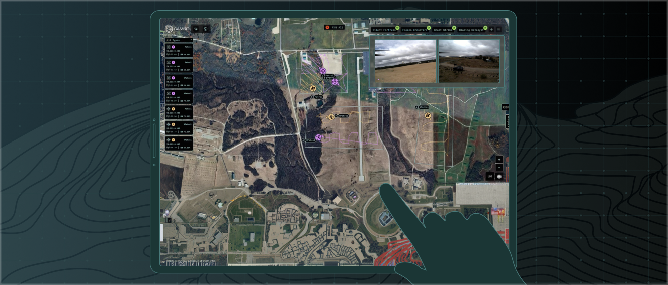 Digital illustration of hands holding and tapping a smartphone displaying a sunset beach scene with abstract wireframe mountains in the background.