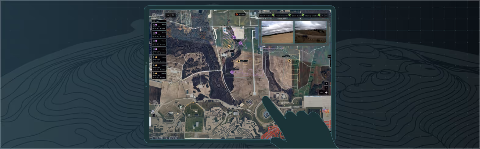 Silhouetted hands holding a smartphone displaying a beach scene with a focus rectangle on the screen, set against a dark background with wireframe mountains.