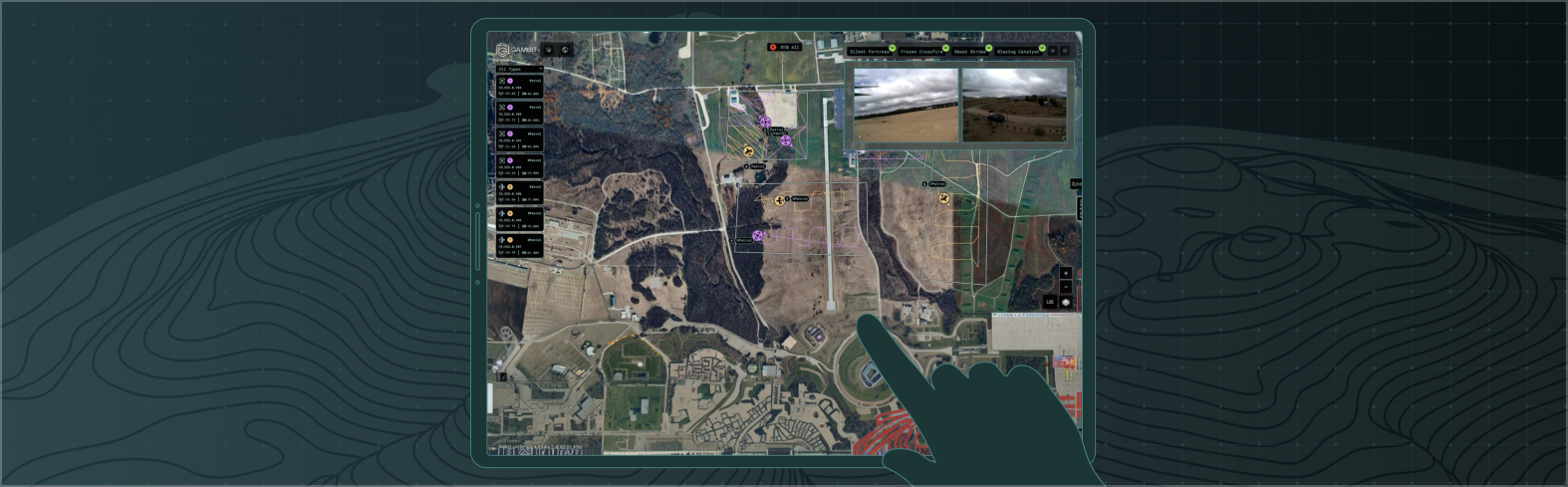 Silhouetted hands holding a smartphone displaying a beach scene with a focus rectangle on the screen, set against a dark background with wireframe mountains.