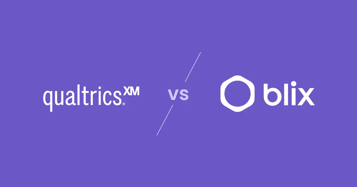 Comparison graphic showing Qualtrics XM logo on the left and Blix logo on the right with 'vs' in the center on a purple background.