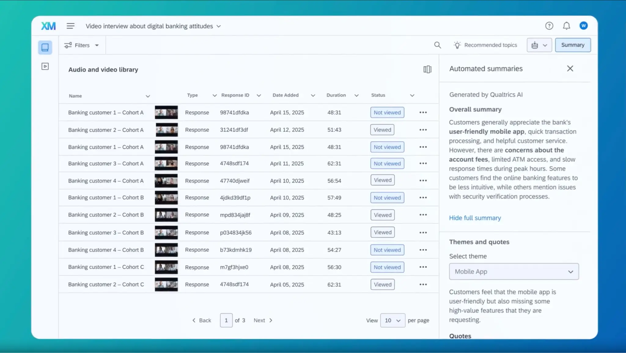 Qualtrics XM audio and video library dashboard showing name, type, response ID, date added, duration and status, as well has an automated summary.