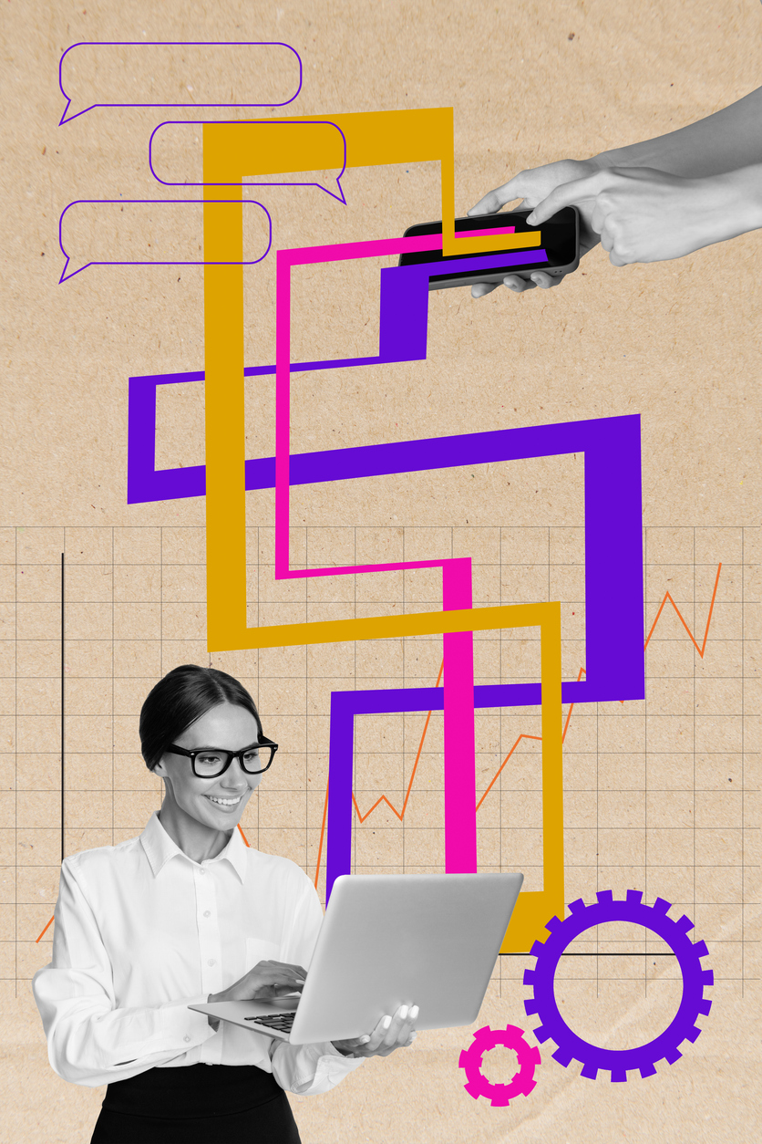 Illustration en collage : une femme travaille sur un ordinateur portable devant des flux colorés, des bulles de dialogue et des engrenages