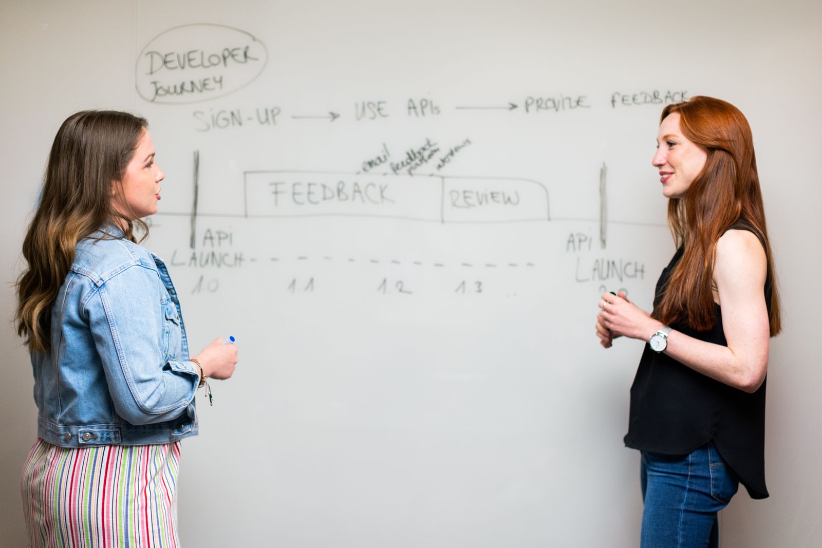 Deux professionnelles échangent devant un tableau blanc dans un bureau