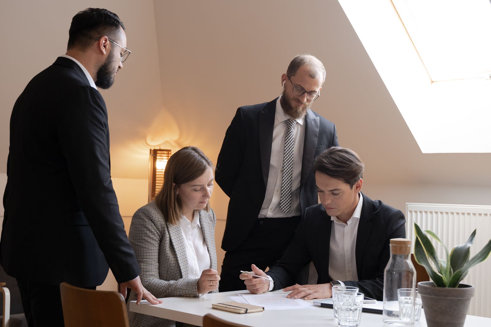 Des professionnels en costume examinent des documents autour d'une table lors d'une réunion
