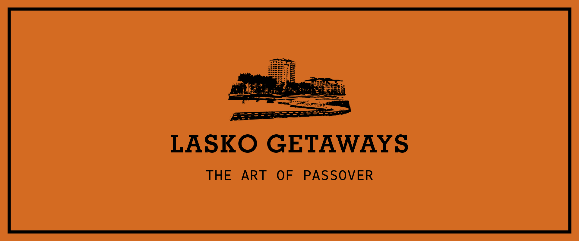 Lasko Getaways logo with a black silhouette of buildings and trees above the text, set on an orange background with a black border.