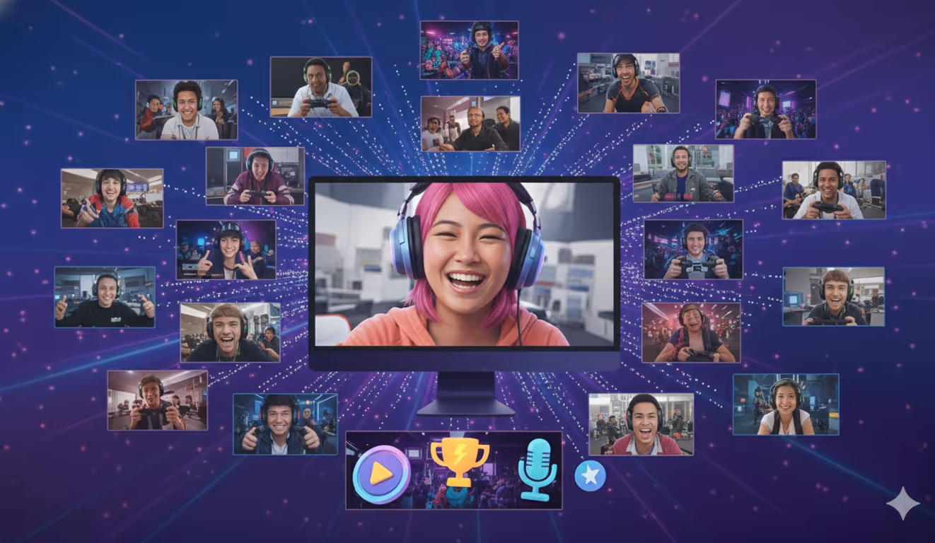 Smiling young woman with pink hair and headphones on a central computer screen surrounded by smaller screens of diverse people gaming and enjoying online communication.