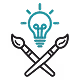 Icon of a glowing lightbulb with two crossed paintbrushes beneath it.
