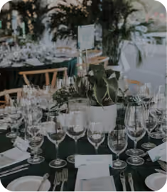 Table set for a formal event with multiple wine glasses, water glasses, plates, forks, knives, and white napkins folded on a dark green tablecloth, with a small potted succulent centerpiece and a menu card on the table.