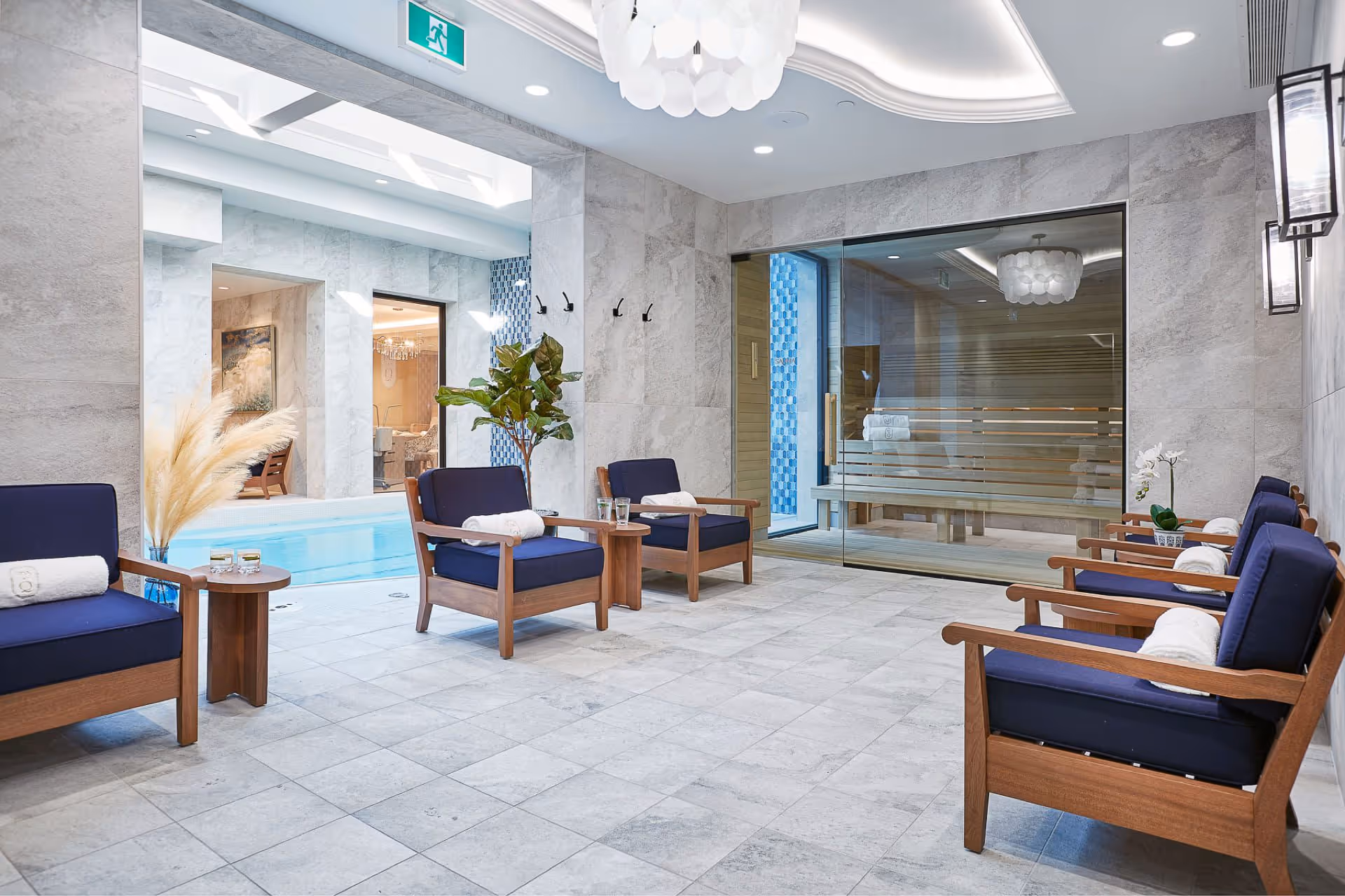 The spa features a calming indoor pool, creating a perfect atmosphere for relaxation and rejuvenation