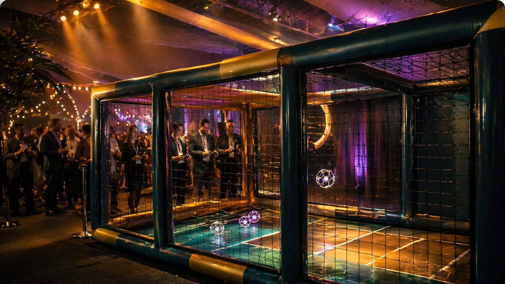 A net-enclosed indoor arena where people pilot illuminated soccer-style drones using handheld controllers.
