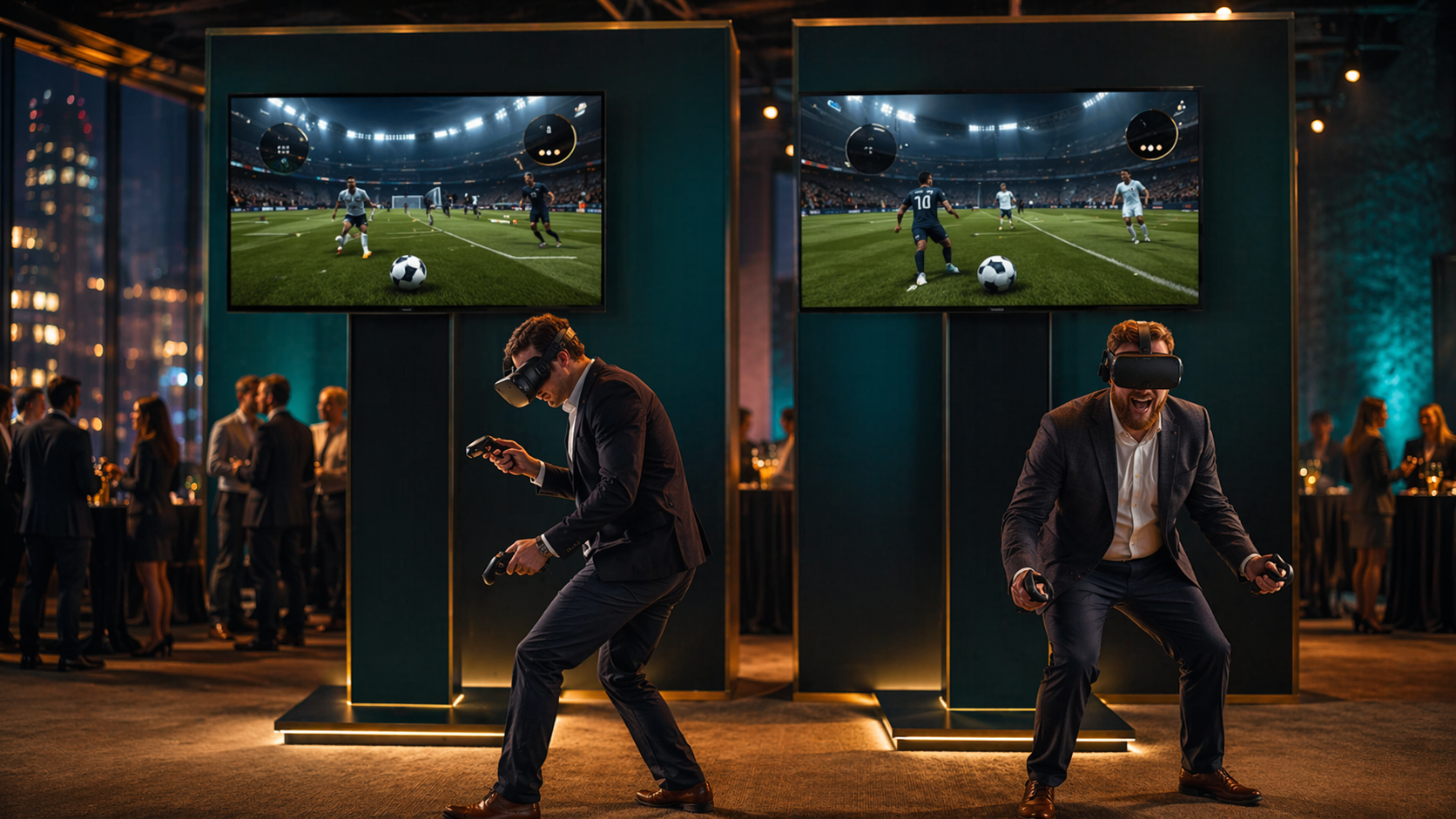 Two men in suits playing a virtual reality soccer video game using VR headsets and hand controllers at an event.