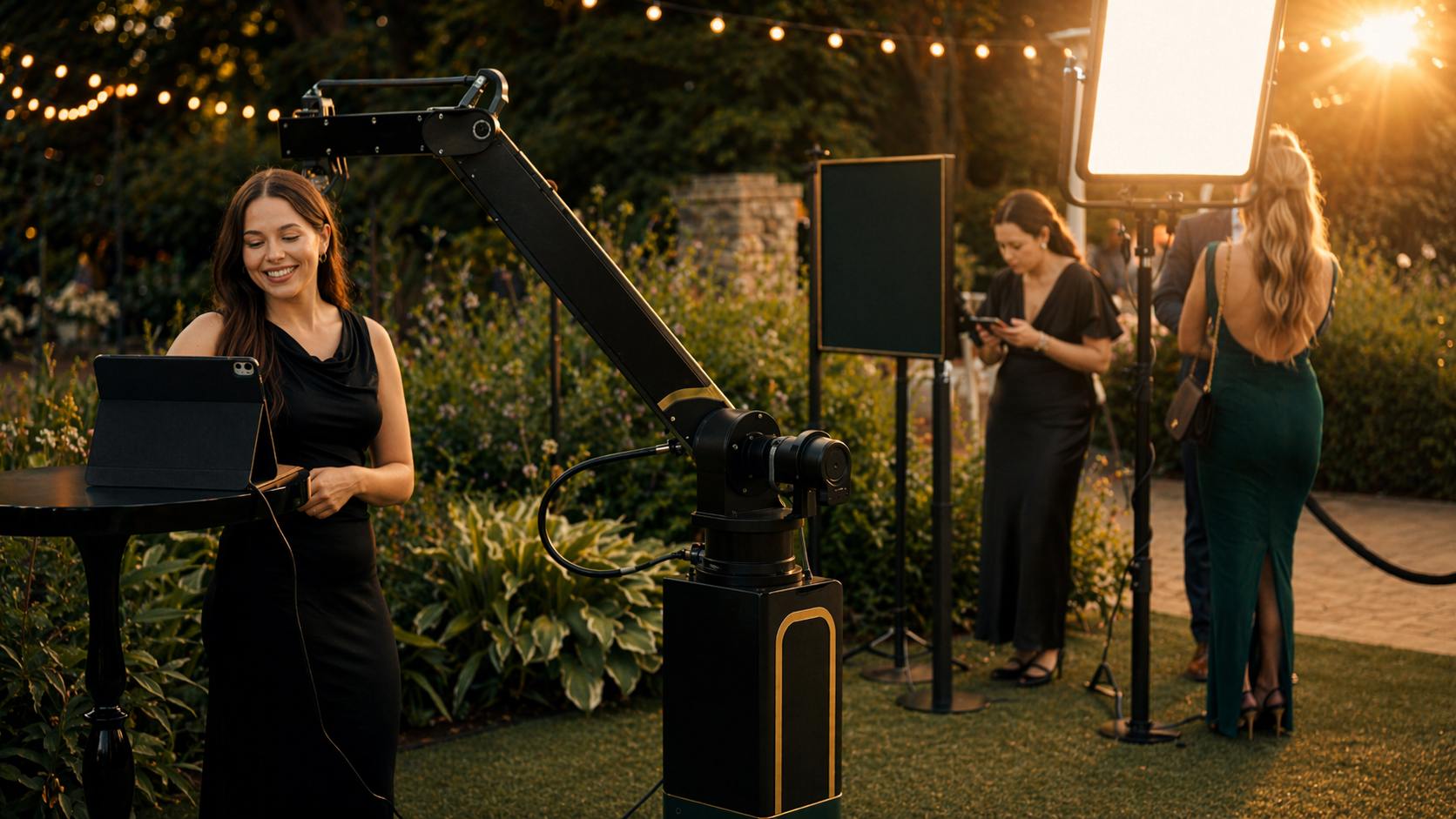A high-speed robotic camera arm ("GlamBot") set up for an outdoor evening event, operated by a woman on a tablet while guests interact in the background under string lights.