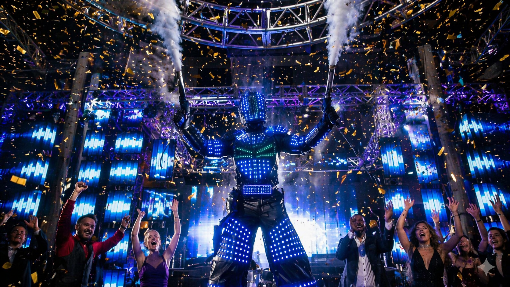 An LED robot performer in a glowing light suit shoots jets of smoke from handheld cannons while standing on stage surrounded by falling gold confetti and a cheering crowd.