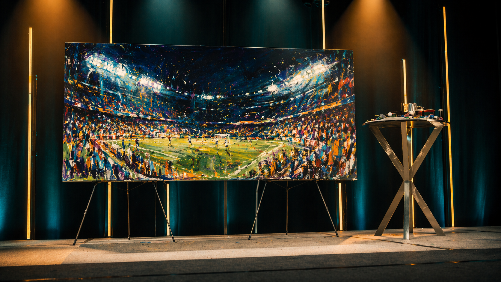 A wide, vibrant live painting of a crowded soccer stadium under bright floodlights displayed on a stage easel next to an artist's table.